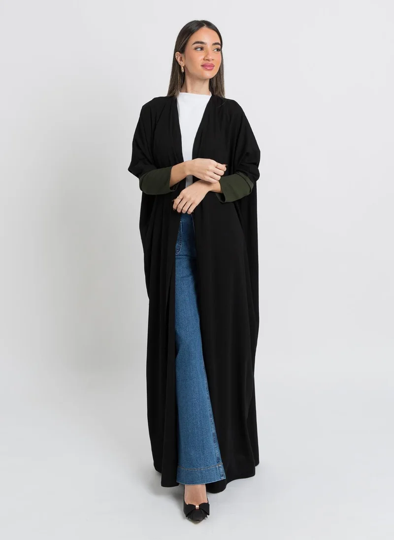 Kaafmeem Black on Olive Half Bisht Abaya