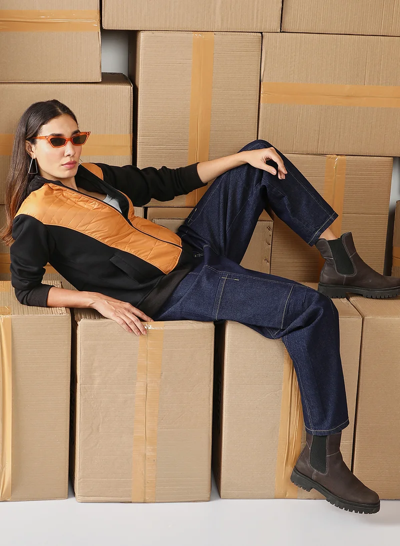 Campus Sutra Women's Mustard Yellow & Onyx Black Zip-Front Block Jacket