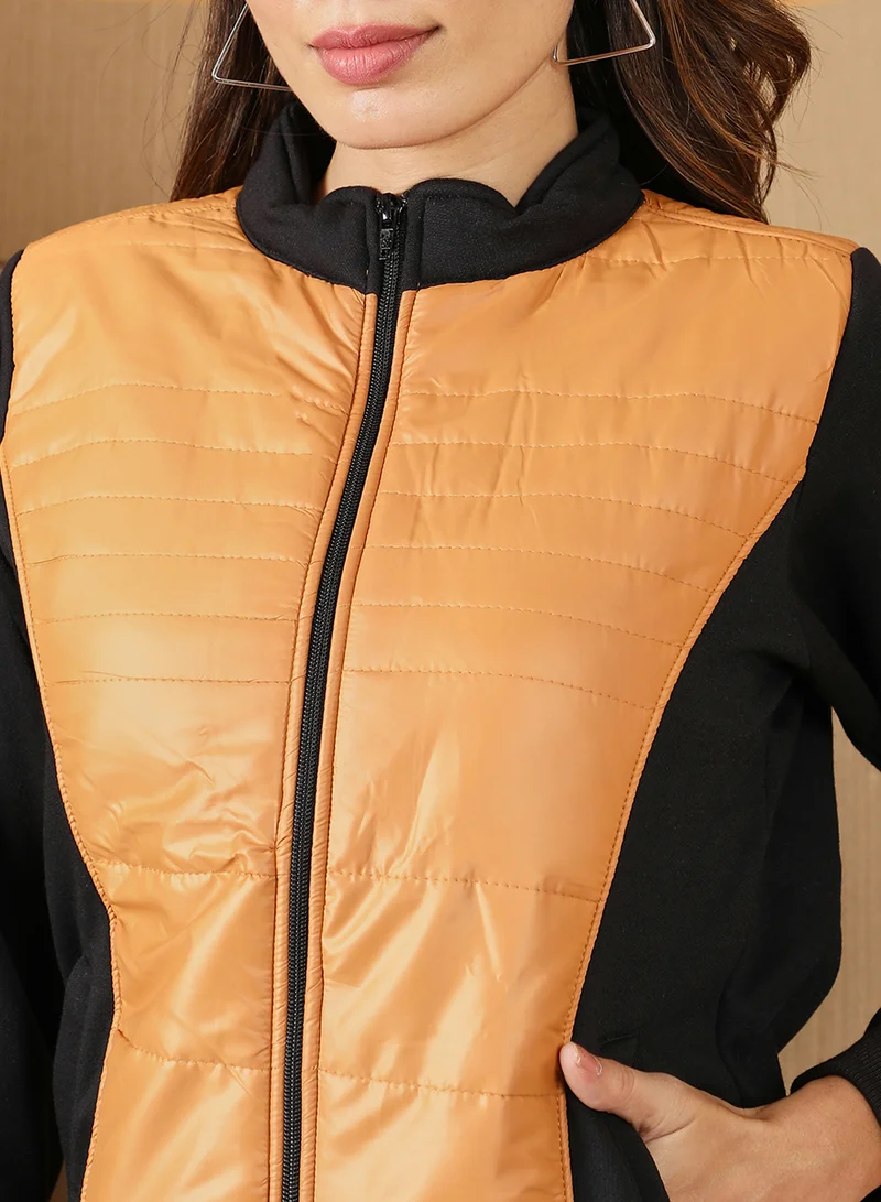 Campus Sutra Women's Mustard Yellow & Onyx Black Zip-Front Block Jacket