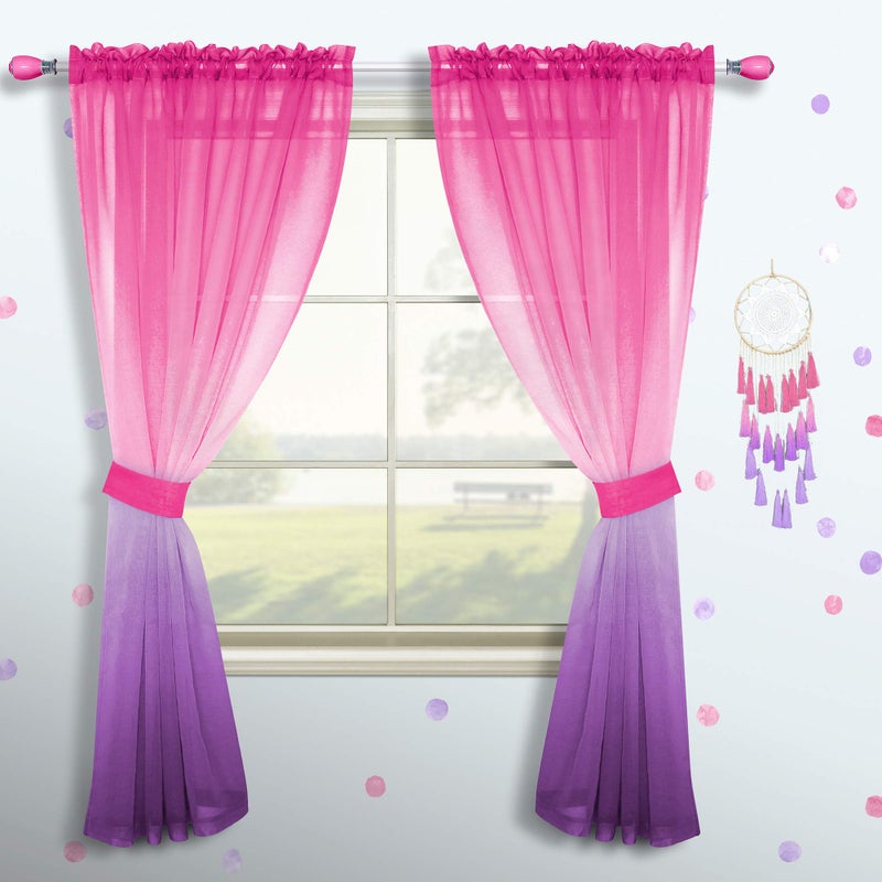 Mrs.Naturall Pink and Purple Curtains for Girls Bedroom Decor Set 1 Single Panel Pocket Window Voile Pastel Sheer Ombre Rainbow Curtain for Kid Room Decoration Teen Princess 63 Inch Length Gradient Lilac Lavender 