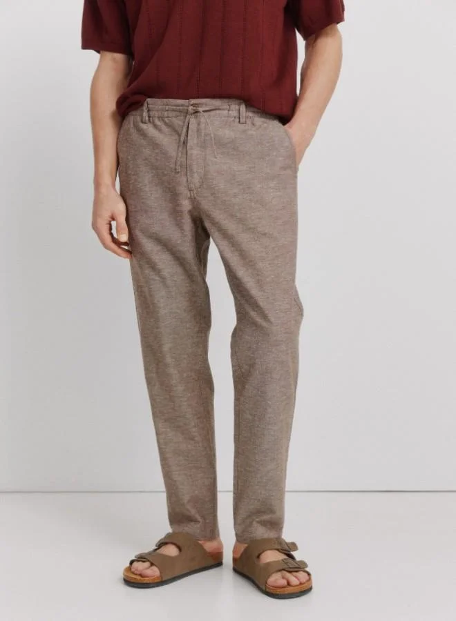 Springfield  Linen/cotton drawstring elasticated waistband welt back pockets front coin pocket Comfort Slim fit trousers for Men | Best Price UAE
