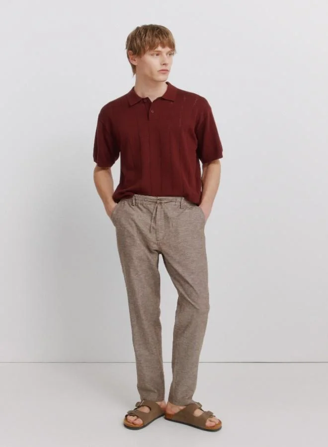 Linen/cotton drawstring elasticated waistband welt back pockets front coin pocket Comfort Slim fit trousers