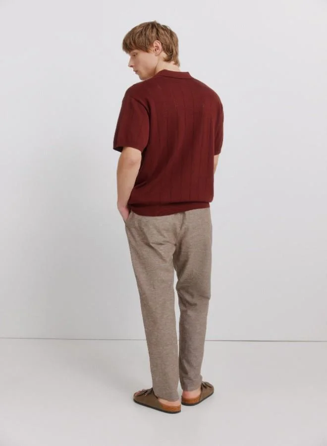 Springfield  Linen/cotton drawstring elasticated waistband welt back pockets front coin pocket Comfort Slim fit trousers for Men | Best Price UAE