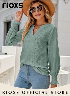 RIOXS Women's V-neck Long Sleeves Tops,Knitted Ruffle Cuff Solid Color Jacquard Blouse,Hollow Ruffle Sleeve Tunic Tops,Dressy Casual Work Blouses,Soft Comfortable Pullover Shirt Pair With Pants/Jeans/Leggings/Shorts  - Image 3