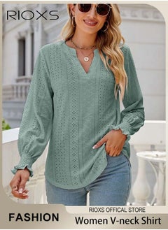 RIOXS Women's V-neck Long Sleeves Tops,Knitted Ruffle Cuff Solid Color Jacquard Blouse,Hollow Ruffle Sleeve Tunic Tops,Dressy Casual Work Blouses,Soft Comfortable Pullover Shirt Pair With Pants/Jeans/Leggings/Shorts  - Image 1