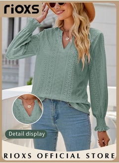 RIOXS Women's V-neck Long Sleeves Tops,Knitted Ruffle Cuff Solid Color Jacquard Blouse,Hollow Ruffle Sleeve Tunic Tops,Dressy Casual Work Blouses,Soft Comfortable Pullover Shirt Pair With Pants/Jeans/Leggings/Shorts  - Image 2