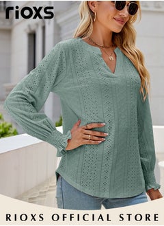 RIOXS Women's V-neck Long Sleeves Tops,Knitted Ruffle Cuff Solid Color Jacquard Blouse,Hollow Ruffle Sleeve Tunic Tops,Dressy Casual Work Blouses,Soft Comfortable Pullover Shirt Pair With Pants/Jeans/Leggings/Shorts  - Image 4