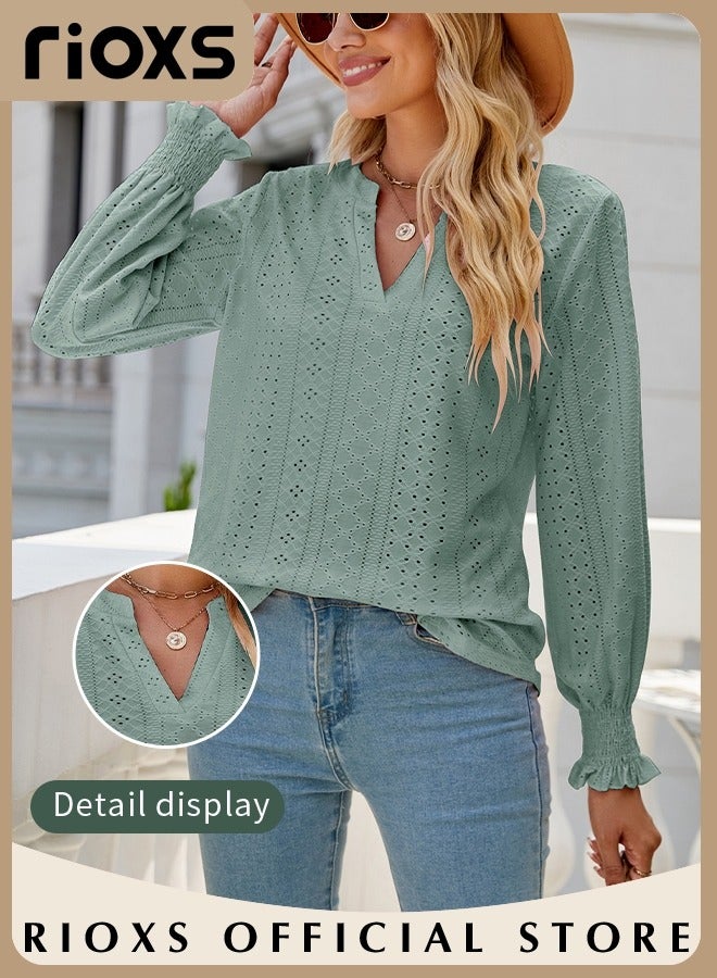 RIOXS Women's V-neck Long Sleeves T-Shirt, Loose Fit Knitted Ruffle Cuffed Sleeve Pullover Shirt, Soft Breathable Solid Color Jacquard Blouse, Spring Fall Hollow Ruffle Sleeve Tunic Tops,  Casual Dressy Work Blouses, Suitable for Office, Vacation, Dating, Party, Travel, Vacation and More, Green - Image 3