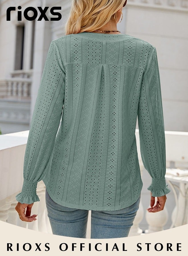 RIOXS Women's V-neck Long Sleeves T-Shirt, Loose Fit Knitted Ruffle Cuffed Sleeve Pullover Shirt, Soft Breathable Solid Color Jacquard Blouse, Spring Fall Hollow Ruffle Sleeve Tunic Tops,  Casual Dressy Work Blouses, Suitable for Office, Vacation, Dating, Party, Travel, Vacation and More, Green - Image 2