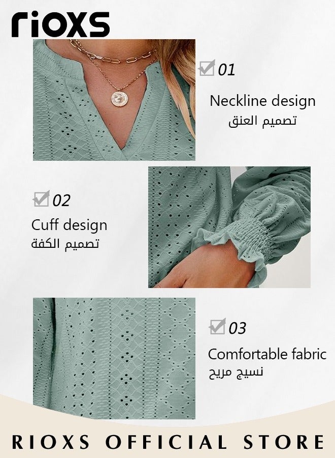 RIOXS Women's V-neck Long Sleeves T-Shirt, Loose Fit Knitted Ruffle Cuffed Sleeve Pullover Shirt, Soft Breathable Solid Color Jacquard Blouse, Spring Fall Hollow Ruffle Sleeve Tunic Tops,  Casual Dressy Work Blouses, Suitable for Office, Vacation, Dating, Party, Travel, Vacation and More, Green - Image 4