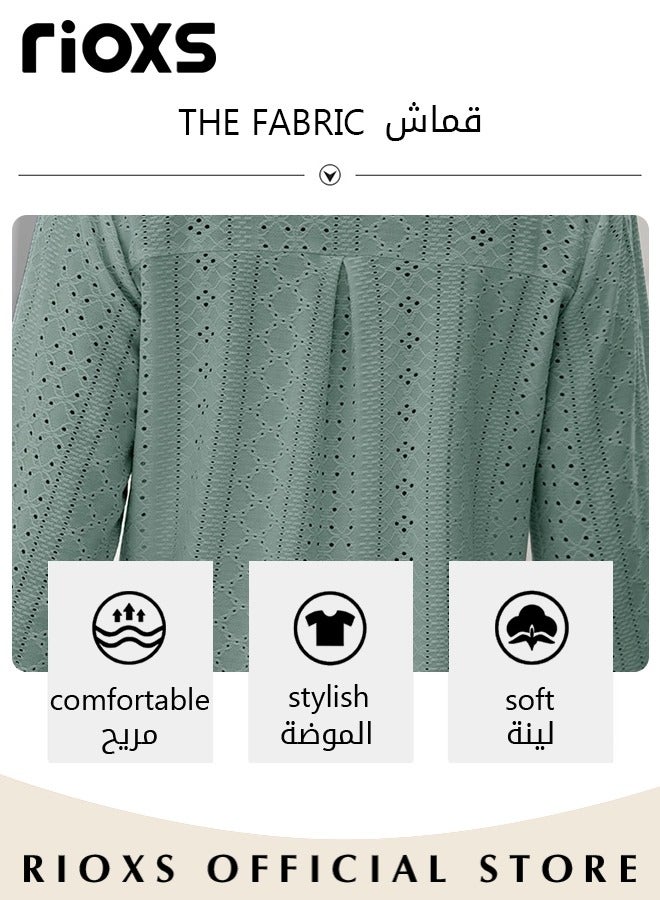 RIOXS Women's V-neck Long Sleeves T-Shirt, Loose Fit Knitted Ruffle Cuffed Sleeve Pullover Shirt, Soft Breathable Solid Color Jacquard Blouse, Spring Fall Hollow Ruffle Sleeve Tunic Tops,  Casual Dressy Work Blouses, Suitable for Office, Vacation, Dating, Party, Travel, Vacation and More, Green - Image 5