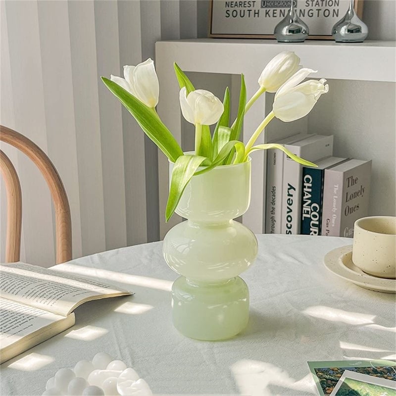 JSPYFITS Glass Hydroponic Flower Vase, 7 Inches Colored Glasses Bubble Vases for Flowers, Three-Layer Glass Funky Vase for Home/Office/Weddings/Party Table Flowers Decor (Milky Green) - Image 1