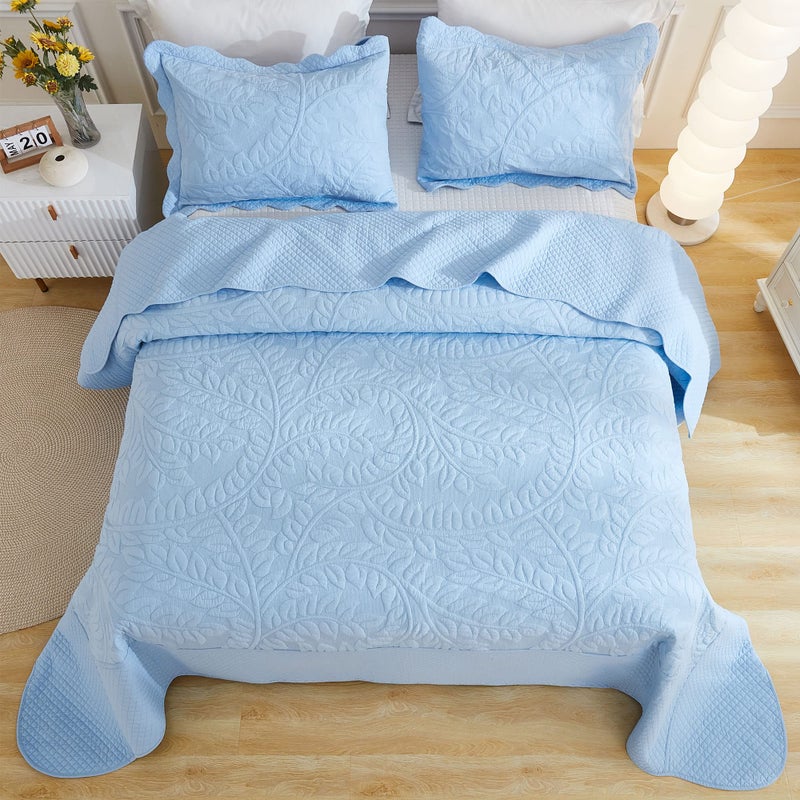 MarCielo 3-Piece 100% Cotton Oversized Bedspread Lightweight Quilt Coverlet Embroidery Farmhouse Bedding Set T0 (Light Blue, Oversized King (118"x106")) - Image 2