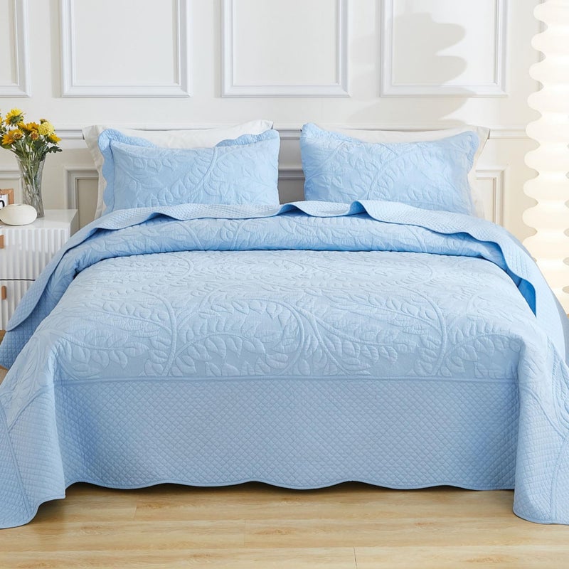 MarCielo 3-Piece 100% Cotton Oversized Bedspread Lightweight Quilt Coverlet Embroidery Farmhouse Bedding Set T0 (Light Blue, Oversized King (118"x106")) - Image 1