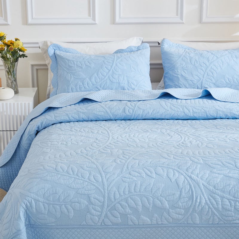 MarCielo 3-Piece 100% Cotton Oversized Bedspread Lightweight Quilt Coverlet Embroidery Farmhouse Bedding Set T0 (Light Blue, Oversized King (118"x106")) - Image 4