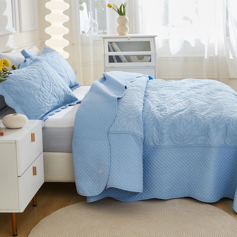 MarCielo 3-Piece 100% Cotton Oversized Bedspread Lightweight Quilt Coverlet Embroidery Farmhouse Bedding Set T0 (Light Blue, Oversized King (118"x106")) - Image 5