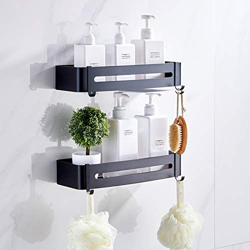 Tagve Rust-Proof Space Aluminium Bathroom 2-Tier Shelves Wall Mount Shower Racks Shelf Stand Bath Wall Storage Organizer Holder Double Floating Shelving for Shampoo Shower Gel (Black) - Image 1
