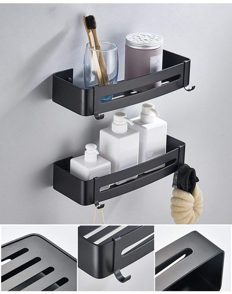 Tagve Rust-Proof Space Aluminium Bathroom 2-Tier Shelves Wall Mount Shower Racks Shelf Stand Bath Wall Storage Organizer Holder Double Floating Shelving for Shampoo Shower Gel (Black) - Image 3