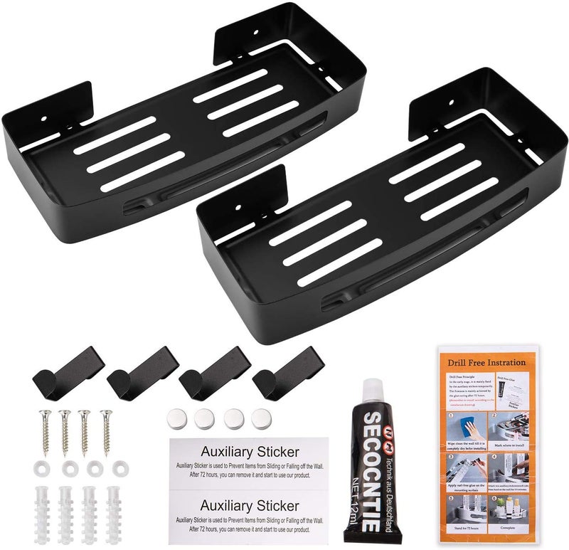 Tagve Rust-Proof Space Aluminium Bathroom 2-Tier Shelves Wall Mount Shower Racks Shelf Stand Bath Wall Storage Organizer Holder Double Floating Shelving for Shampoo Shower Gel (Black) - Image 5