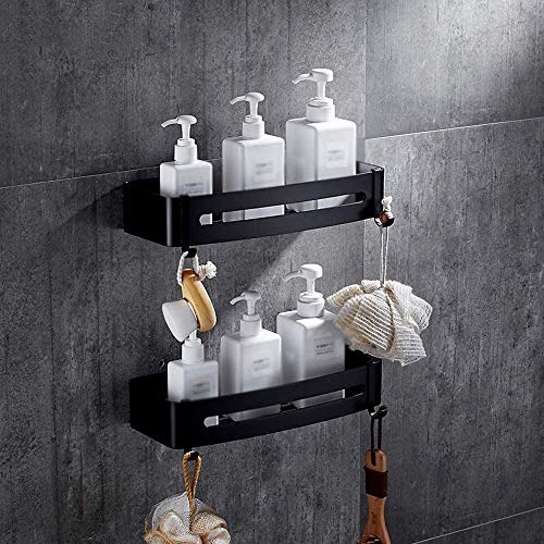 Tagve Rust-Proof Space Aluminium Bathroom 2-Tier Shelves Wall Mount Shower Racks Shelf Stand Bath Wall Storage Organizer Holder Double Floating Shelving for Shampoo Shower Gel (Black) - Image 2