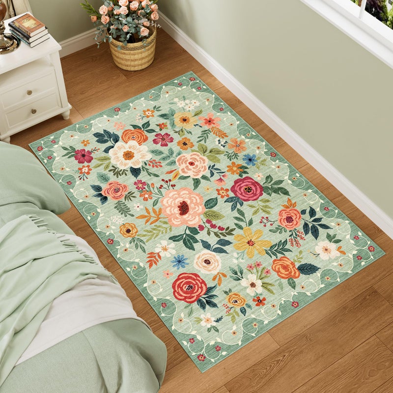 DUKINO 3x5 Area Rug, Floral Rugs for Living Room, Lightweight Non Slip Washable Rug, Indoor Low Pile & Non-Shedding Boho Design Rugs for Bedroom, Living Room, Dining Room, Green - Image 1