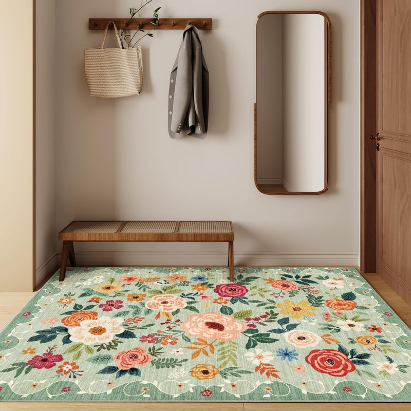 DUKINO 3x5 Area Rug, Floral Rugs for Living Room, Lightweight Non Slip Washable Rug, Indoor Low Pile & Non-Shedding Boho Design Rugs for Bedroom, Living Room, Dining Room, Green - Image 3