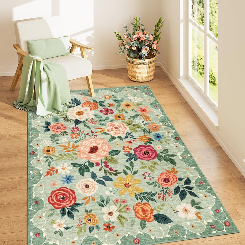 DUKINO 3x5 Area Rug, Floral Rugs for Living Room, Lightweight Non Slip Washable Rug, Indoor Low Pile & Non-Shedding Boho Design Rugs for Bedroom, Living Room, Dining Room, Green - Image 2