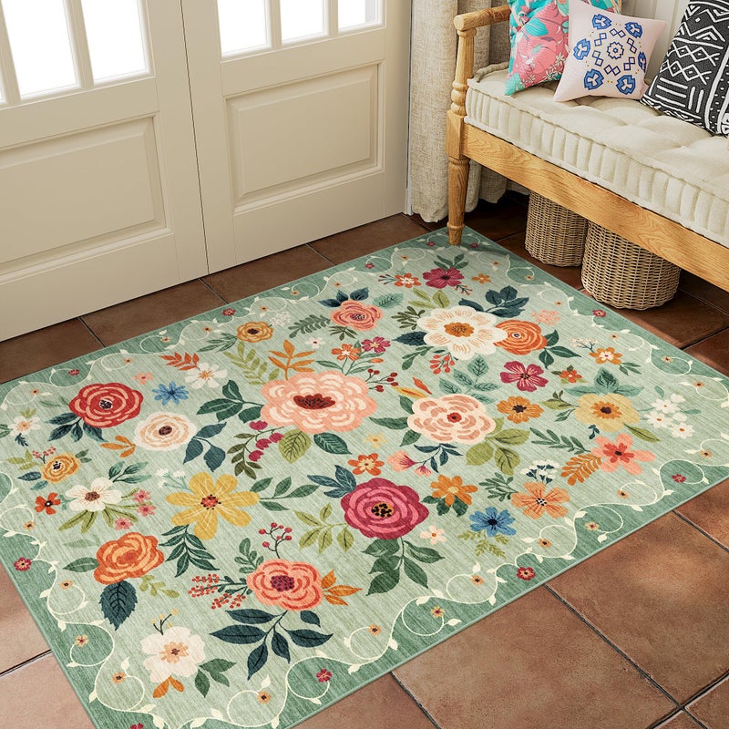 DUKINO 3x5 Area Rug, Floral Rugs for Living Room, Lightweight Non Slip Washable Rug, Indoor Low Pile & Non-Shedding Boho Design Rugs for Bedroom, Living Room, Dining Room, Green - Image 4