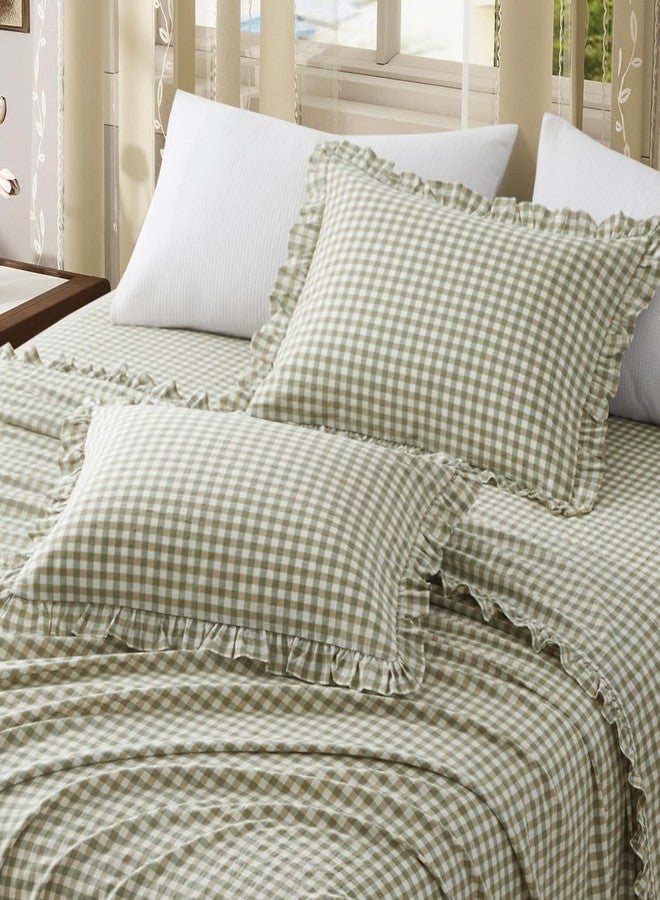 KKJIAF غطاء وسادة منقوش مكشكش من قطعتين من KKJIAF، مقاس قياسي، أغطية وسائد قطنية منقوشة مكشكشة أوروبية 20 × 26 بوصة، أغطية وسائد سرير منقوشة بملمس الكتان مع إغلاق ظرفي للأريكة والسرير (نقشة مربعات خضراء فاتحة) - Image 4