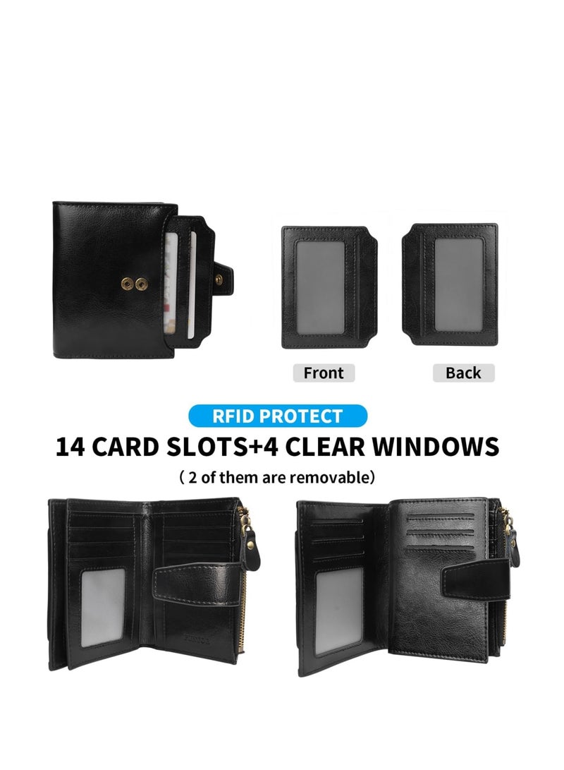 KASTWAVE Genuine Leather Wallets for Women, Genuine Leather Bifold Compact RFID Blocking Wallet with 18 Credit Card Slots, Zipper Pocket Ladies Credit Card Slots Purse with ID Window - Image 4