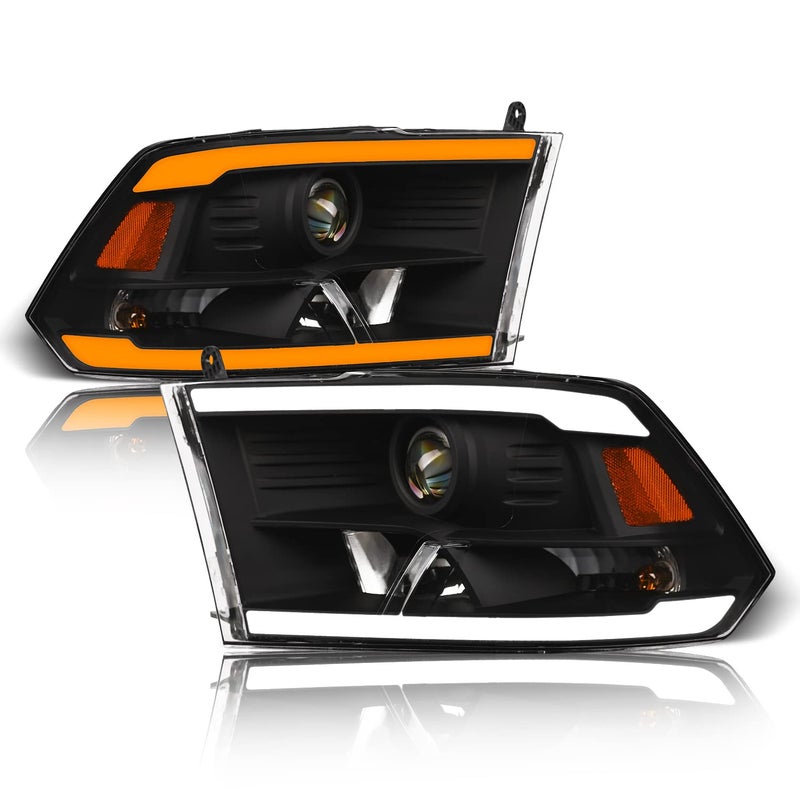 Alpha Owls 8722138 Projector Headlights With Switchback Sequential LED Light Bar Startup Light Black Amber Fits 20092018 Dodge Ram 1500 2500 350020192023 Classic Halogen Models