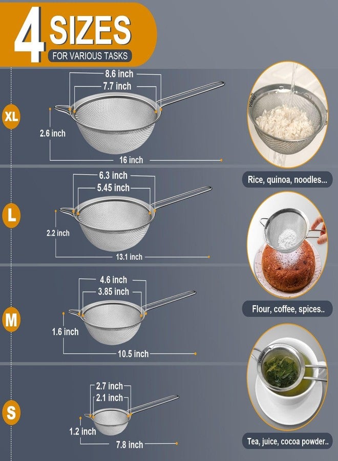 Ydeapi Fine Mesh Strainer, Stainless Steel Kitchen Strainers with Sturdy Handle, Set of 4 Metal Sieve for Food, Rice, Quinoa, Tea - 8.6", 6.3", 4.6", 2.7" - Image 2