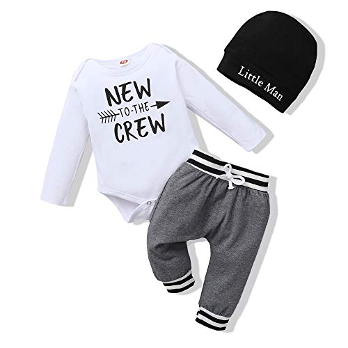 Renotemy Newborn Baby Boy Clothes Long Sleeve Romper Outfits Set New to The Crew Outfits Baby Boy Clothes 03 Months White