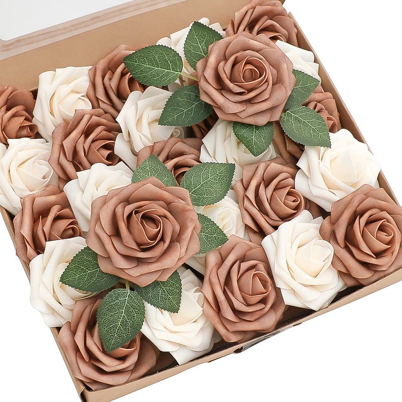Floroom Artificial Flowers 25pcs Real Looking Gold Sparrow Cream Foam Fake Roses with Stems for DIY Wedding Bouquets Bridal Shower Centerpieces Floral Arrangements Party Tables Home Decorations