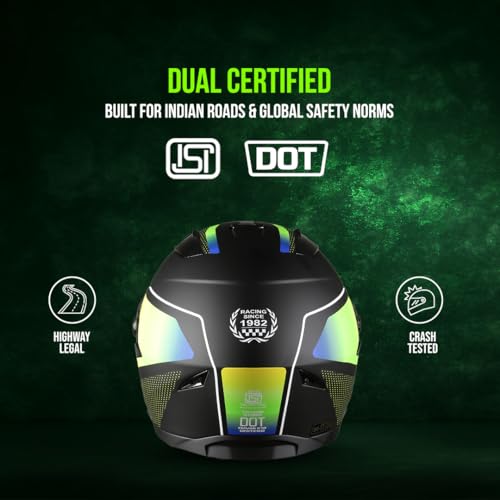 TVS Racing Anti Matter FullFace Helmet for Bike & Motorcycle Riders-DOT & ISI Certified-Lightweight ABS Shell, UV Resistant-Ventilated Comfort Liner,Quick-Release Visor &Chin Strap(Matt Black Green/M) - Image 3