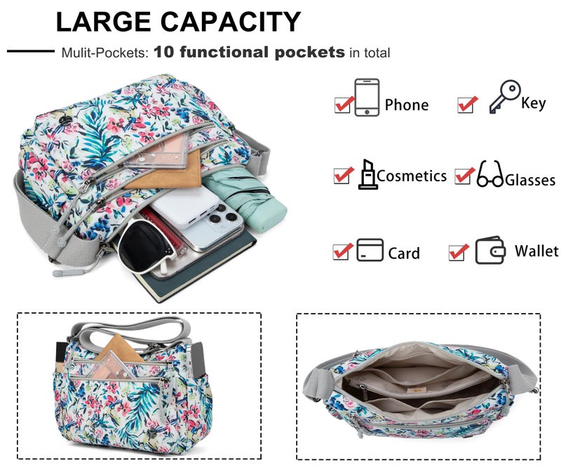 Wytidian Crossbody Bags for Women Waterproof Nylon Shoulder Bag Roomy Multiple Pockets Messenger Purses Handbags (Leaf Floral 04) - Image 5