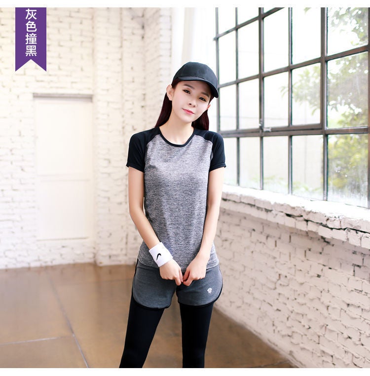 Generic Special offer sports short-sleeved shorts pants running fitness tight quick-drying breathable sweat-absorbent slim-fit top yoga clothes 0201 black gray