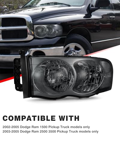 ADCARLIGHTS Headlight Assembly for 2002-2005 Dodge Ram 1500/2003-2005 Ram 2500 3500 Clear Lens Smoke Housing with Clear Reflector Headlamp Replacement LH+RH（W/O Bulbs） - Image 2