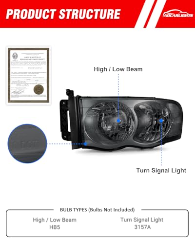 ADCARLIGHTS Headlight Assembly for 2002-2005 Dodge Ram 1500/2003-2005 Ram 2500 3500 Clear Lens Smoke Housing with Clear Reflector Headlamp Replacement LH+RH（W/O Bulbs） - Image 3