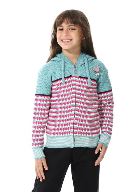 Girls Hooded Neck Long Sleeve Knitted Sweater