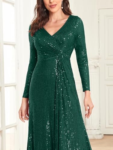 XUIBOL Glitter Sequin Formal Evening Gown Long Sleeve V Neck Wedding Guest Dress for Women Emerald Green S - Image 4