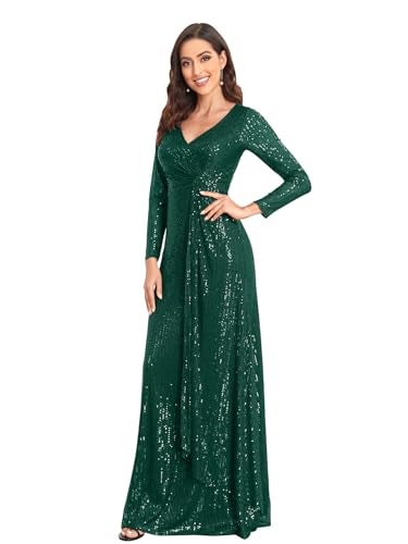 XUIBOL Glitter Sequin Formal Evening Gown Long Sleeve V Neck Wedding Guest Dress for Women Emerald Green S - Image 1