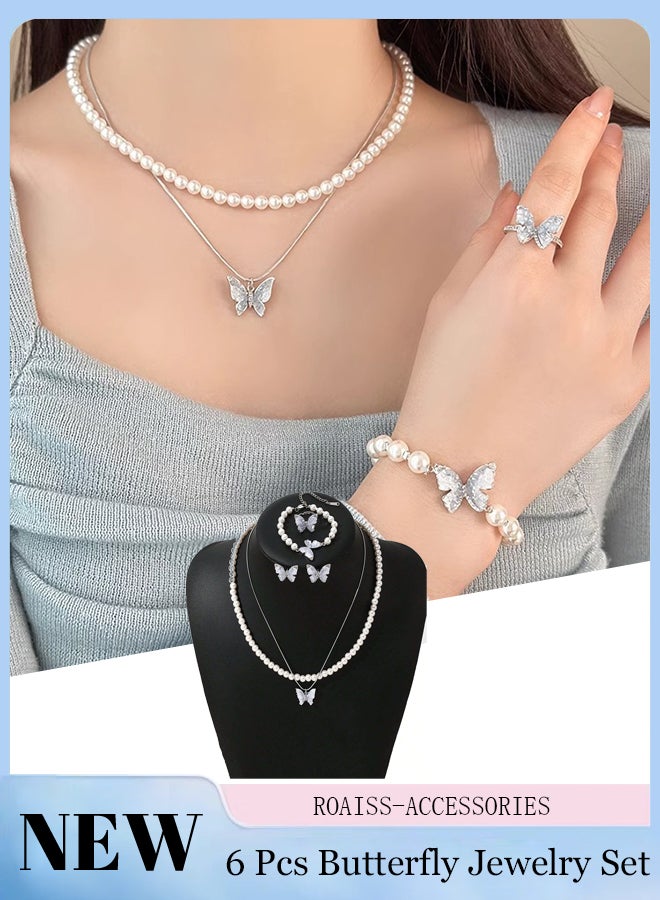 roaiss Women's Elegant 5 Pcs Jewelry Accessories Set, White Pearl Necklace, Kyanite Butterfly Pendant Necklace, Bracelet, Ring and Earrings, Suitable for Wedding, Party and Daily Use - Image 1
