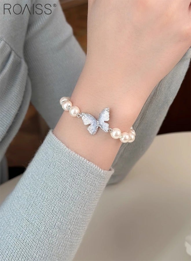 roaiss Women's Elegant 5 Pcs Jewelry Accessories Set, White Pearl Necklace, Kyanite Butterfly Pendant Necklace, Bracelet, Ring and Earrings, Suitable for Wedding, Party and Daily Use - Image 4