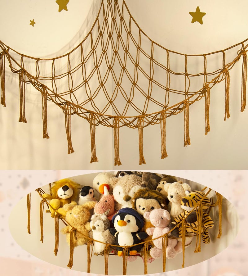 mirolam Stuffed Animal Hammock-Large Stuffed Animal Net For Toys Corner-Hanging Stuff Animal Toy Storage Organizer For Plush Plushie Display Caramel Toy Storage Girl Room Bedroom Boho Nursery Decor - Image 1