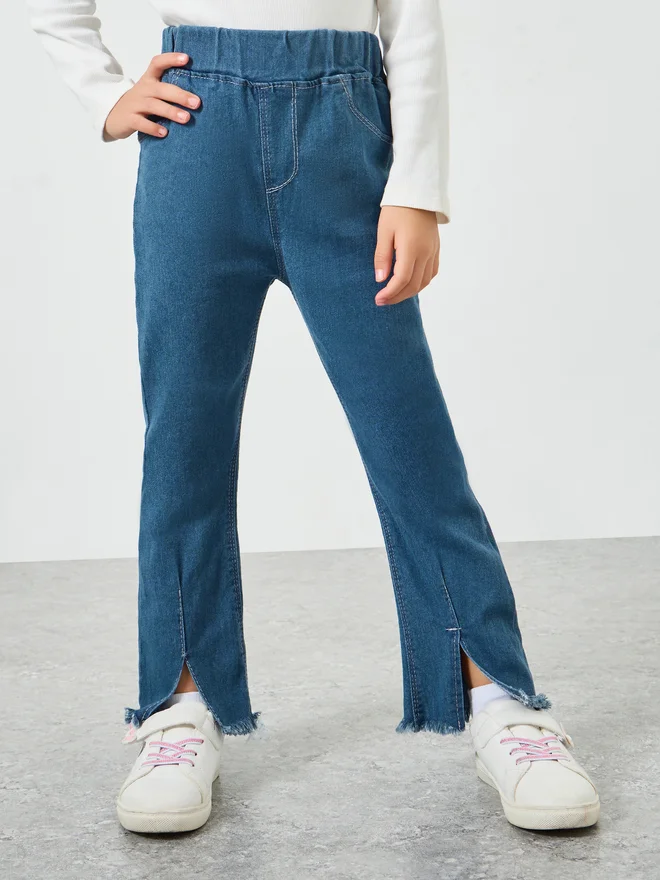 Styli Styli Girls  Blue Flare Jeans with Slit Hem