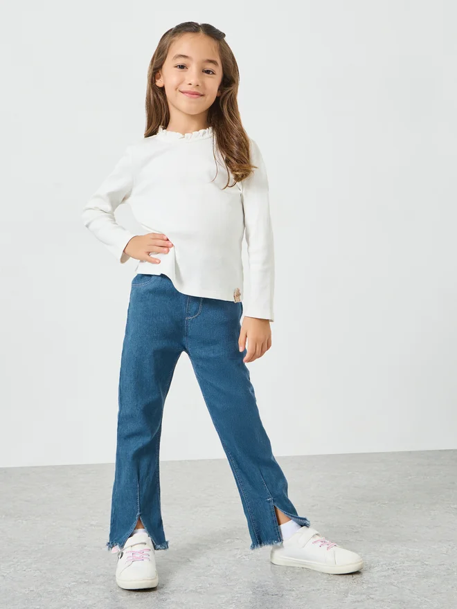 Styli Styli Girls  Blue Flare Jeans with Slit Hem