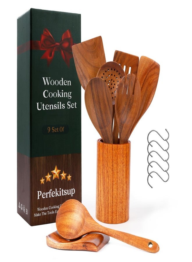 Perfekitsup Wood Spoons for Cooking,9 Pcs Natural Teak Wooden Cooking Utensils Set with Holder ＆ Spoon Rest, Soft Comfort-Grip Wooden Kitchen Utensil Set for Non-Stick Cookware - Image 1