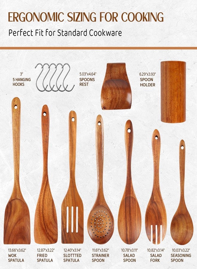 Perfekitsup Wood Spoons for Cooking,9 Pcs Natural Teak Wooden Cooking Utensils Set with Holder ＆ Spoon Rest, Soft Comfort-Grip Wooden Kitchen Utensil Set for Non-Stick Cookware - Image 3