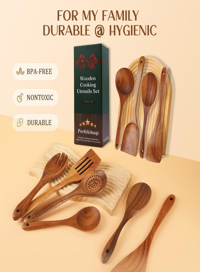 Perfekitsup Wood Spoons for Cooking,9 Pcs Natural Teak Wooden Cooking Utensils Set with Holder ＆ Spoon Rest, Soft Comfort-Grip Wooden Kitchen Utensil Set for Non-Stick Cookware - Image 4